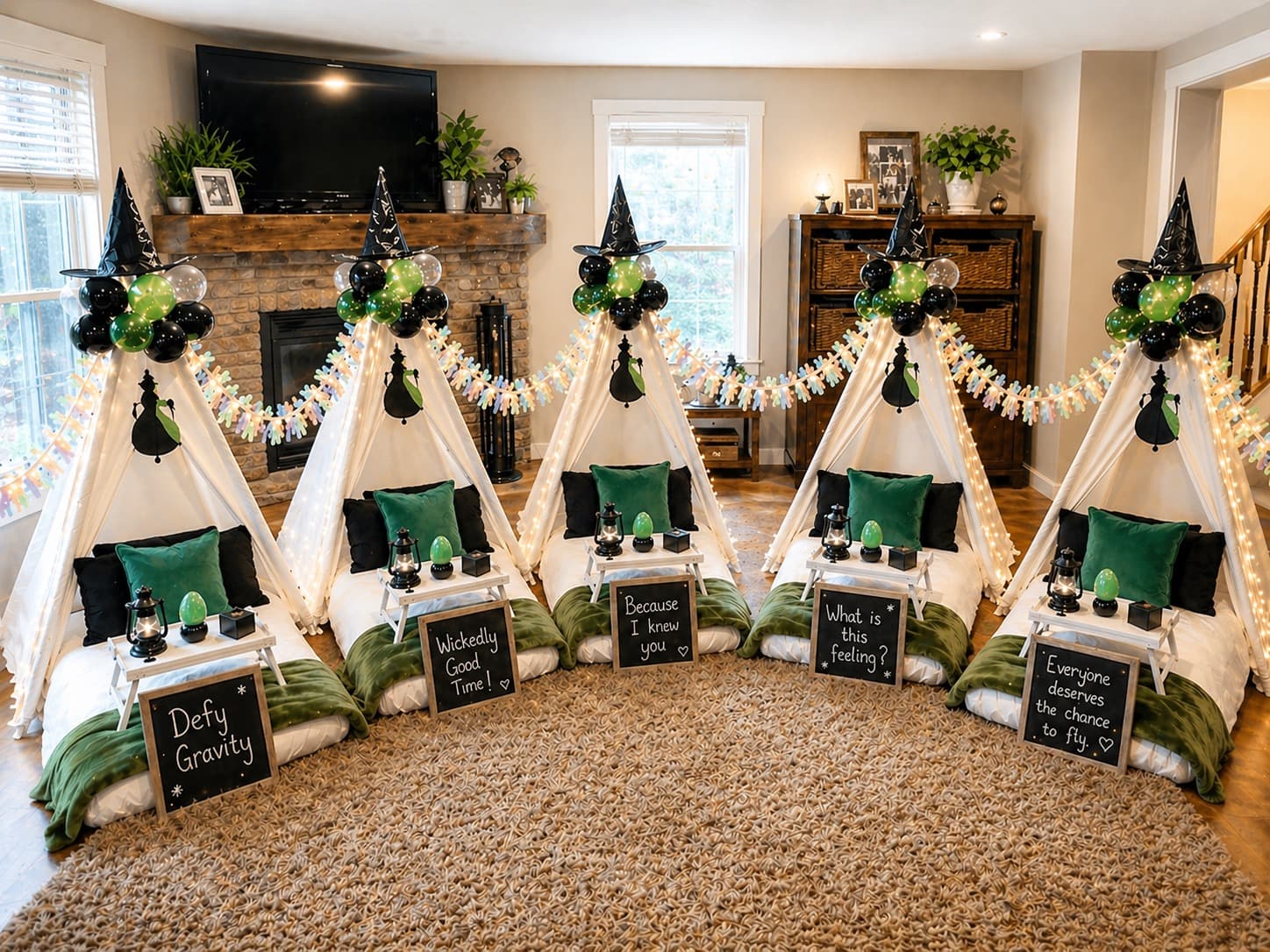 Cozy sleepover with 4 teepees, coordinated bedding, and themed decorations