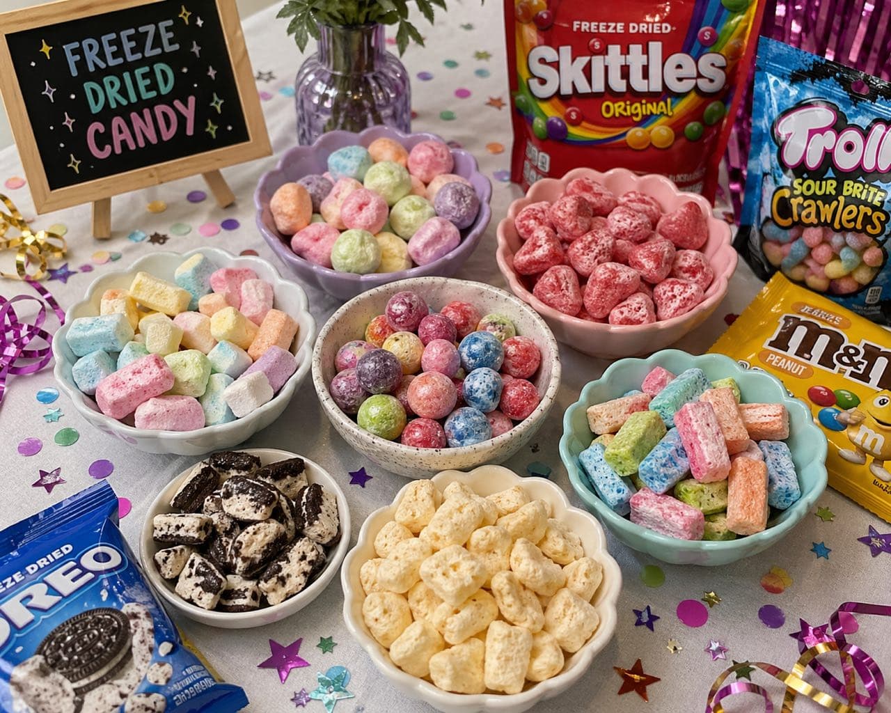 Colorful freeze-dried candy party spread