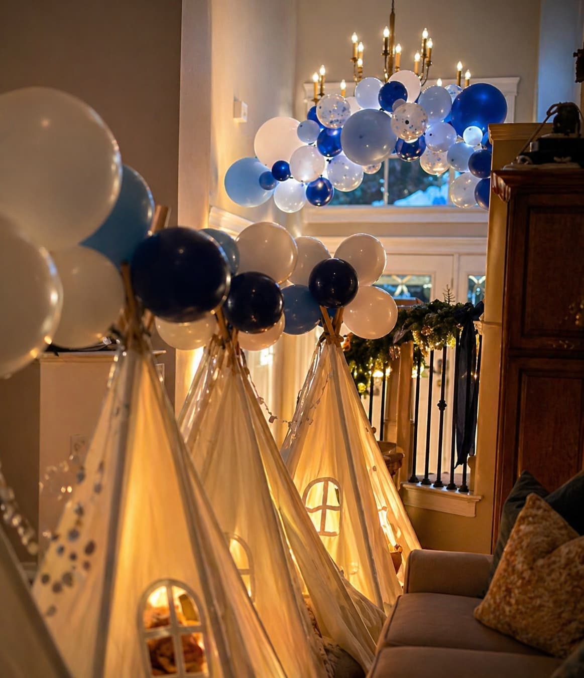 Elegant blue garland party with sophisticated touches and nighttime magic.
