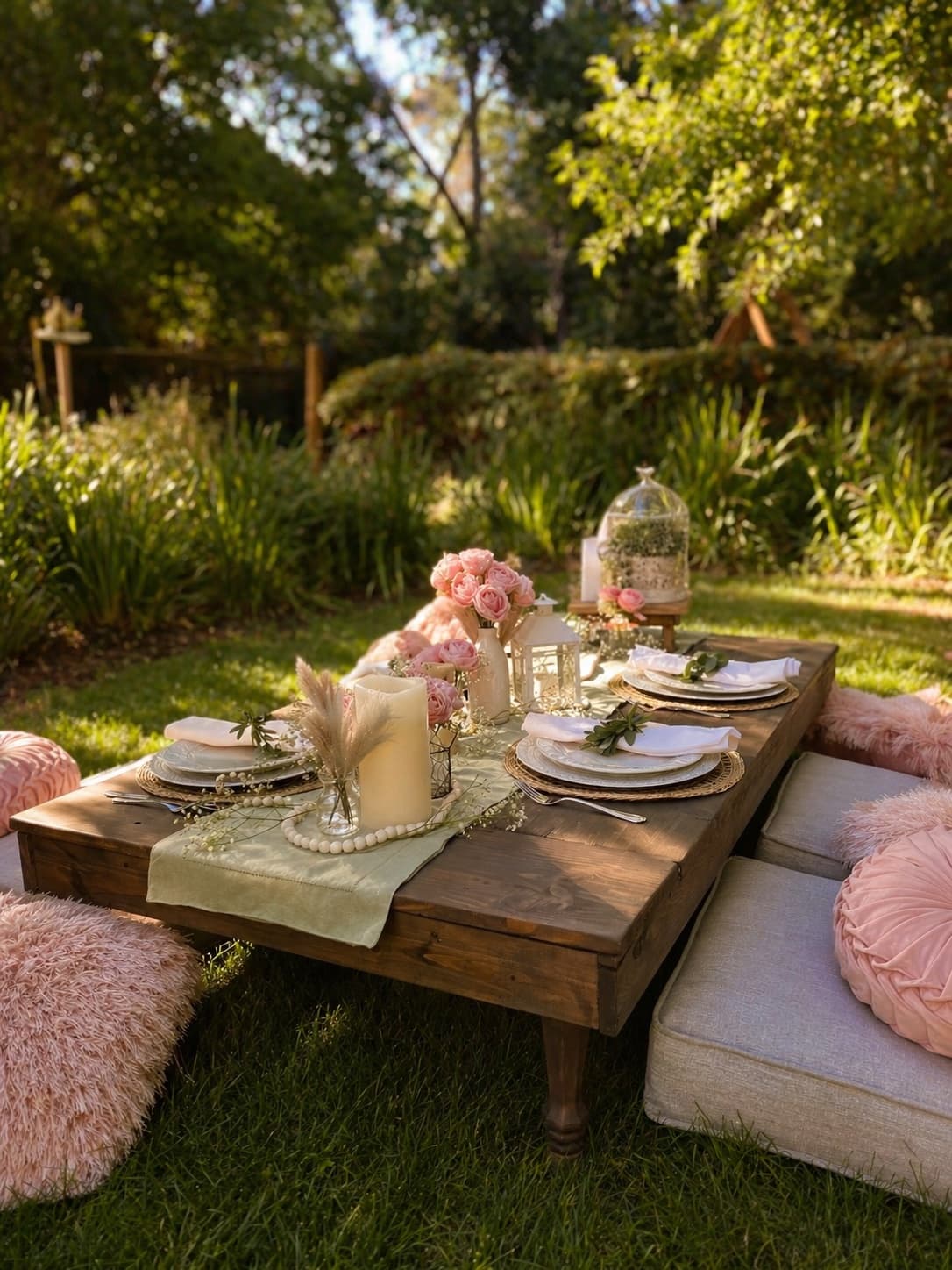 Outdoor boho picnic under the sun with fresh air, florals, and luxury touches.
