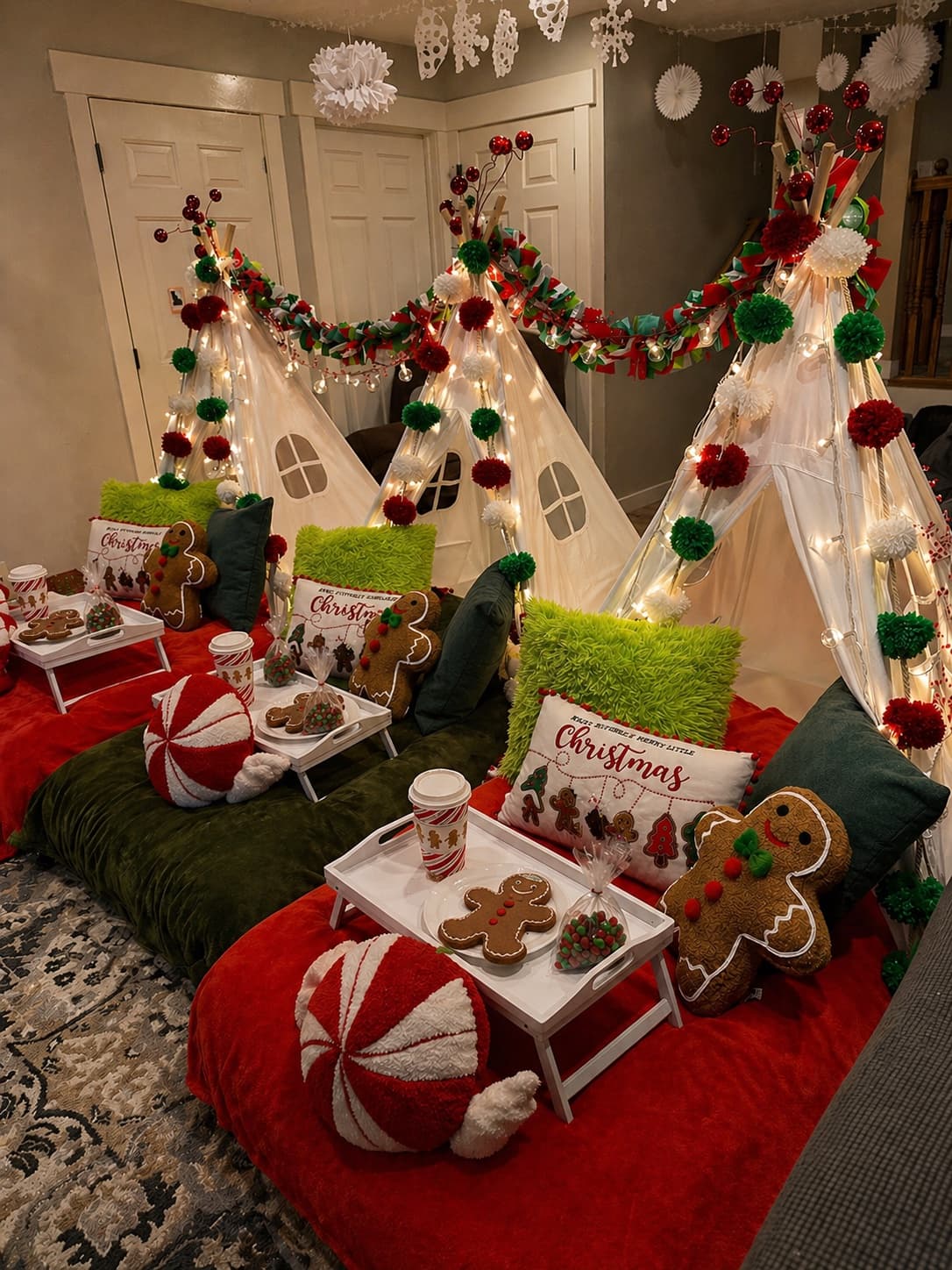 Cozy gingerbread-themed Christmas party with peppermint pillows and festive garlands.