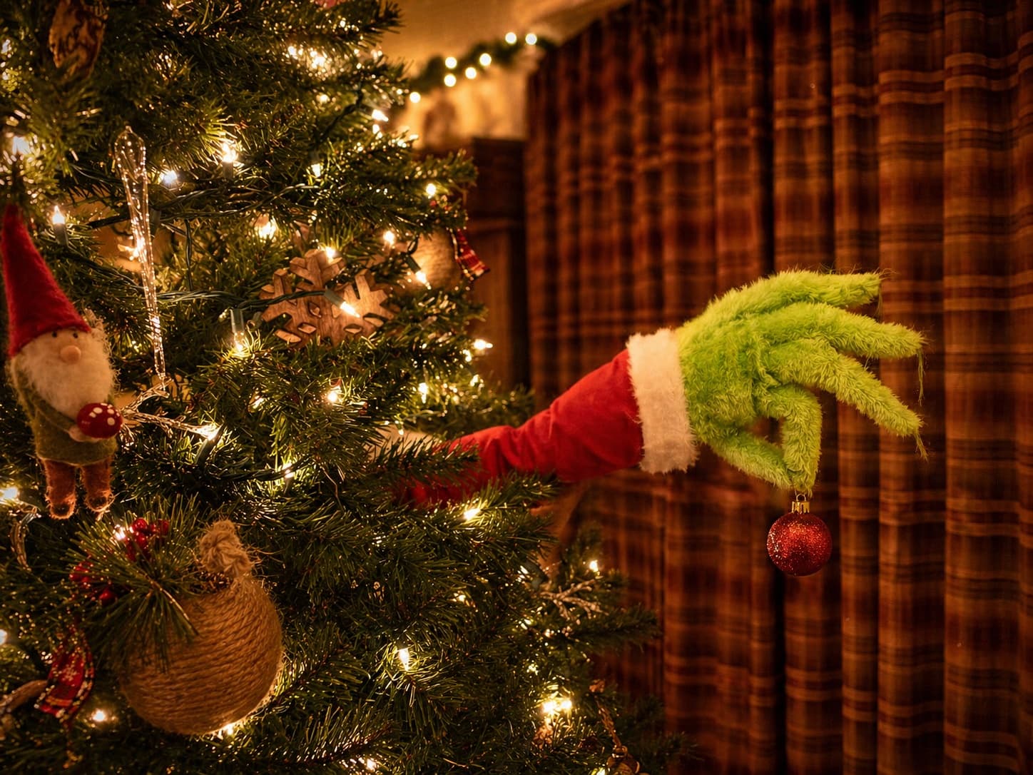 Close-up of Grinch-themed decor details and whimsical touches.