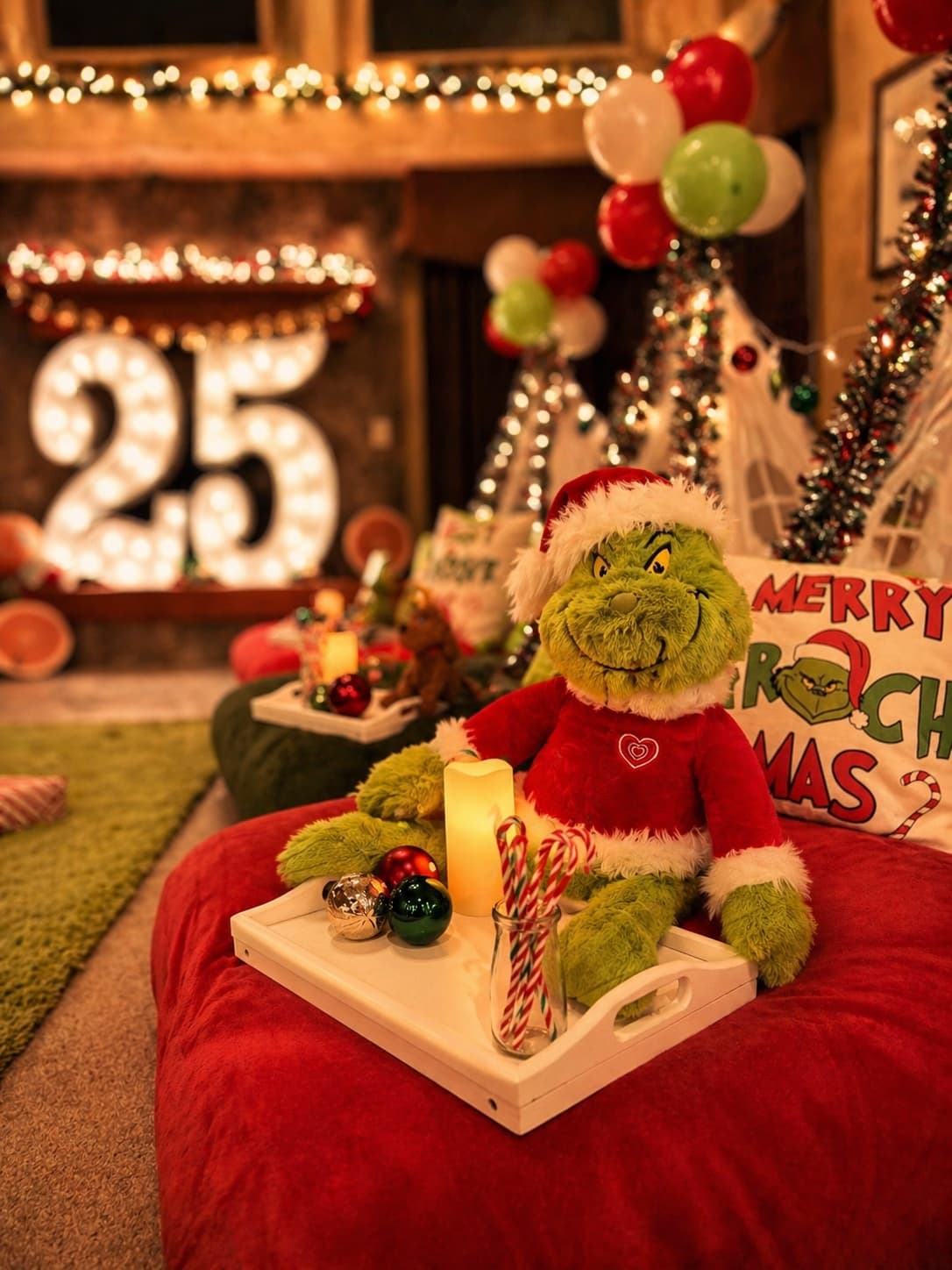 Festive Grinch setup with red, green, and holiday sparkle.