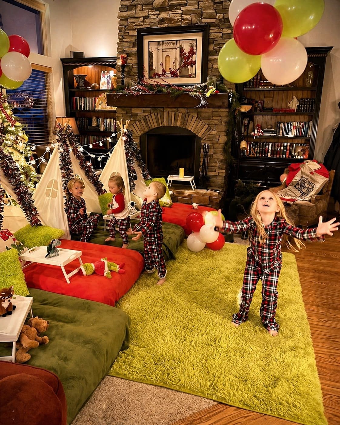 A little Grinch fan celebrates with balloons and holiday joy.