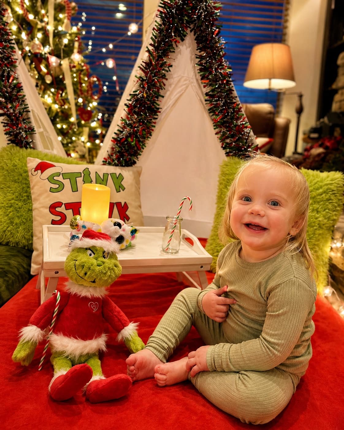 Sweet Grinchmas moments with cozy teepees and twinkling lights.
