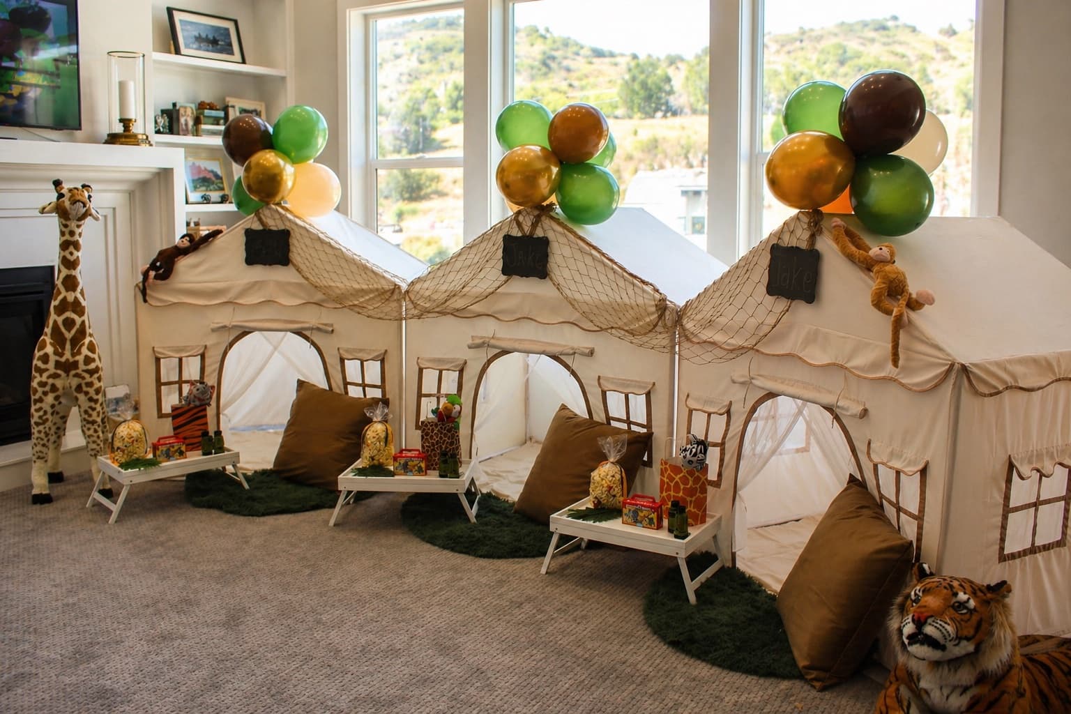 Safari basecamp vibes! Cozy cabin tents with explorer gear and safari animal friends ready for adventure.