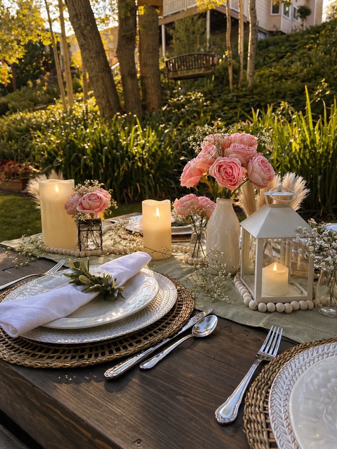 Elegant picnic table setting with beautiful details and outdoor charm.