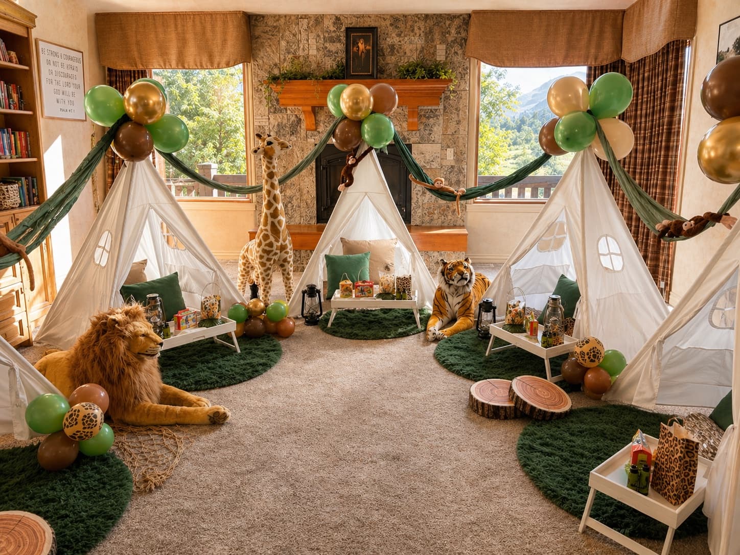 Transform your living room into the savanna! Lions, giraffes, and jungle explorers — a wild party your little ones will roar about.