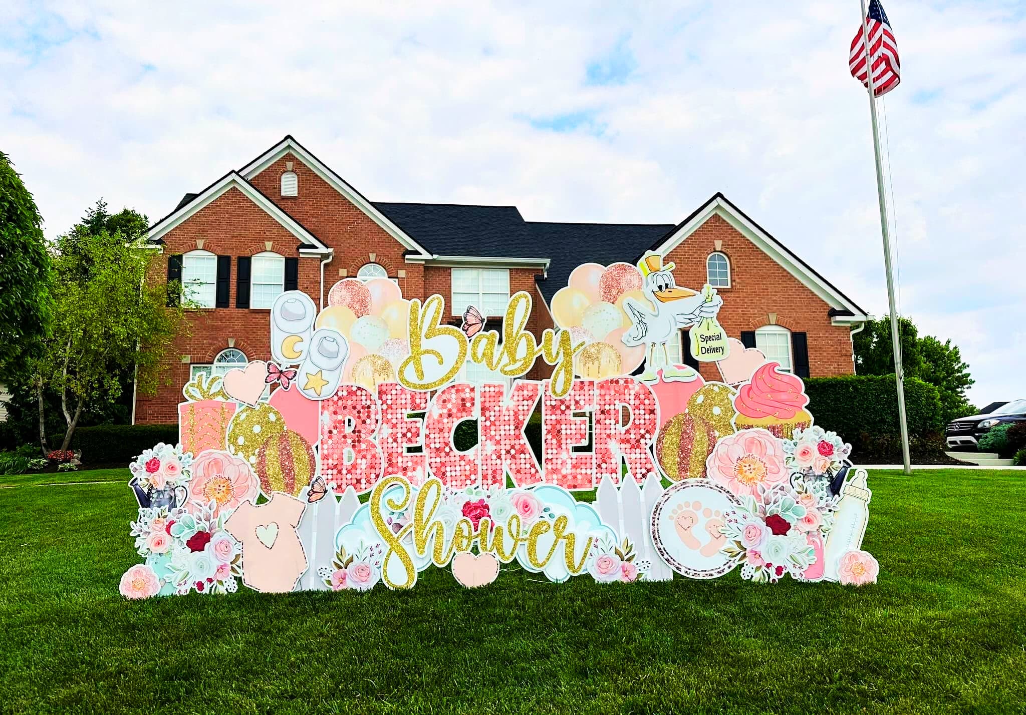 Baby shower custom yard sign with pink and gold decor