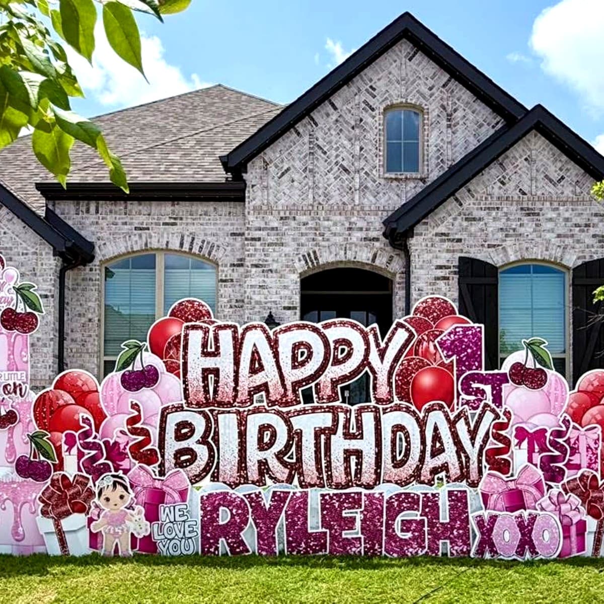 Happy Birthday custom yard sign with cherry and balloon decorations
